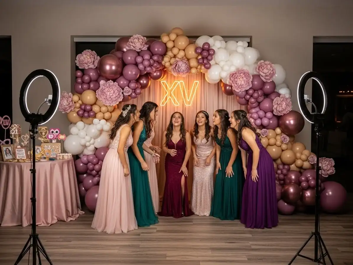 Backdrop orgánico de globos malva y dorado con flores artificiales y letrero de neón "XV" 