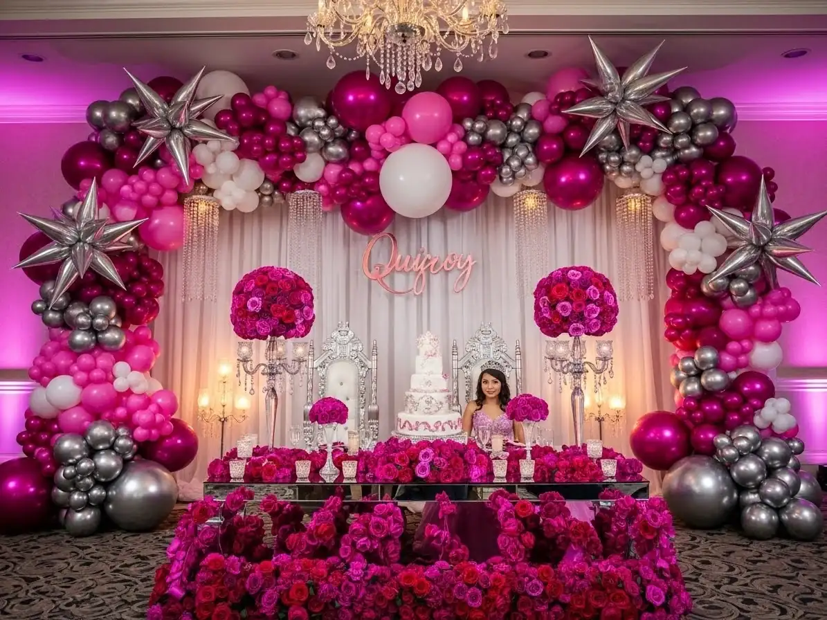 Muro de globos magenta y plata con candelabro para evento elegante