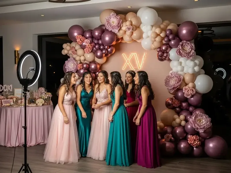 El mismo panel de globos malva y dorado con peonías y letrero XV iluminado, en plano abierto con el set de fotografía montado